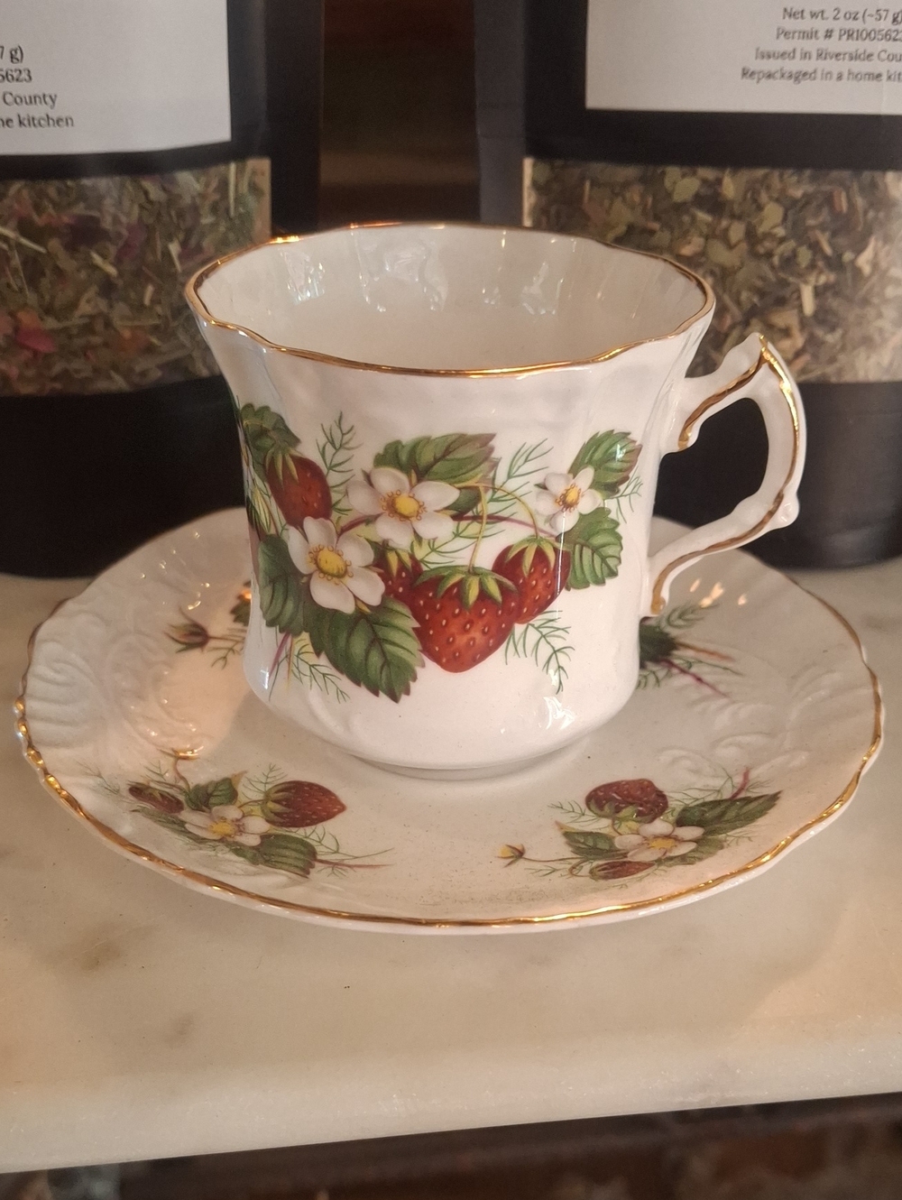 Hammersley Porcelain Strawberry Tea Cup & Saucer with Gold Trim